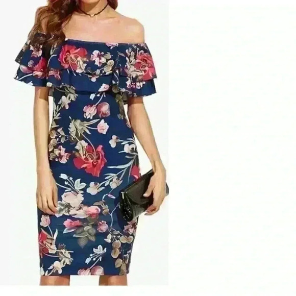 Floral Ruffle Off Shoulder Party Sexy Bodycon Dress Navy L - Picture 3 of 3